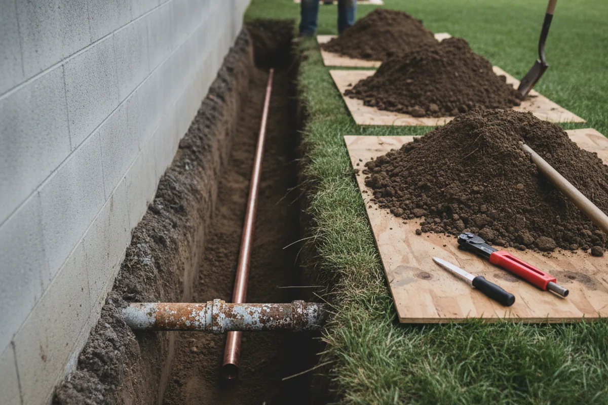 Excavated water line trench during Water Softener Installation in Buffalo Creek